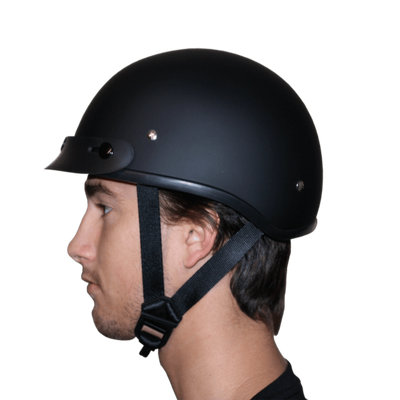 A person is shown in profile wearing a Daytona D.O.T Skull Cap - w/Lovesee Helmet with a slim line design, secured with a chin strap.