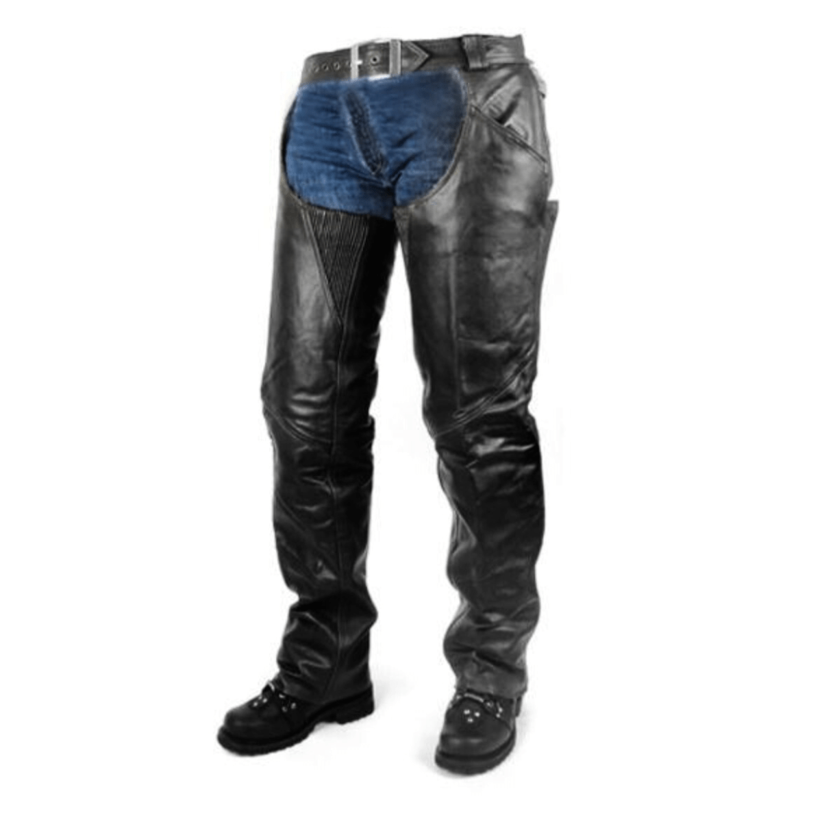 A person is shown wearing the Vance Zip-Out Insulation Pant Style Motorcycle Leather Chaps, which are black leather with a blue denim section at the waist and feature zip-out insulation, along with black boots.