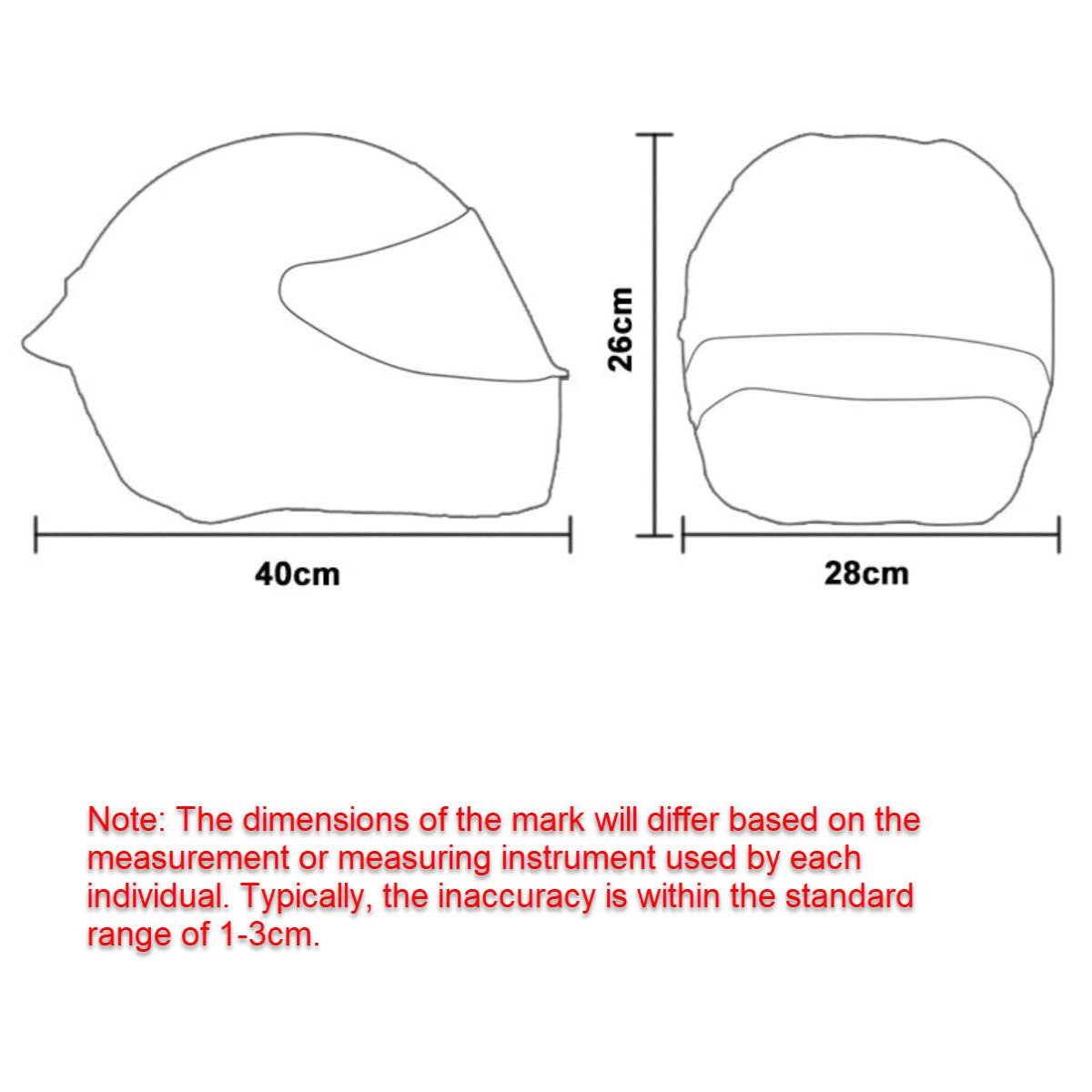 Line drawings of a Cool Motorcycle Helmet Cover - Black Devil showing side and front views. Side view: 40cm length, 26cm height. Front view: 28cm width, 26cm height. Note in red text about measurement inaccuracies of 1-3cm, ensuring your hilarious riding companion fits perfectly.