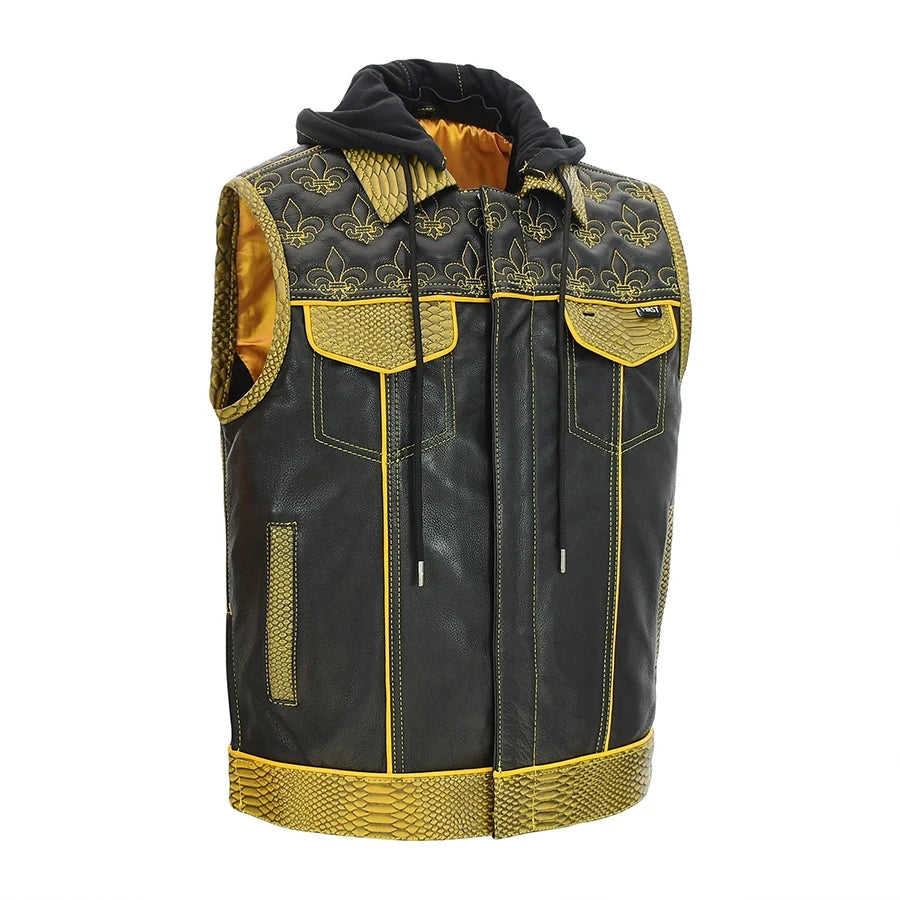 Dynasty Men's Club Style Leather Biker Vest Men's Leather Vest Vests Black Gold S