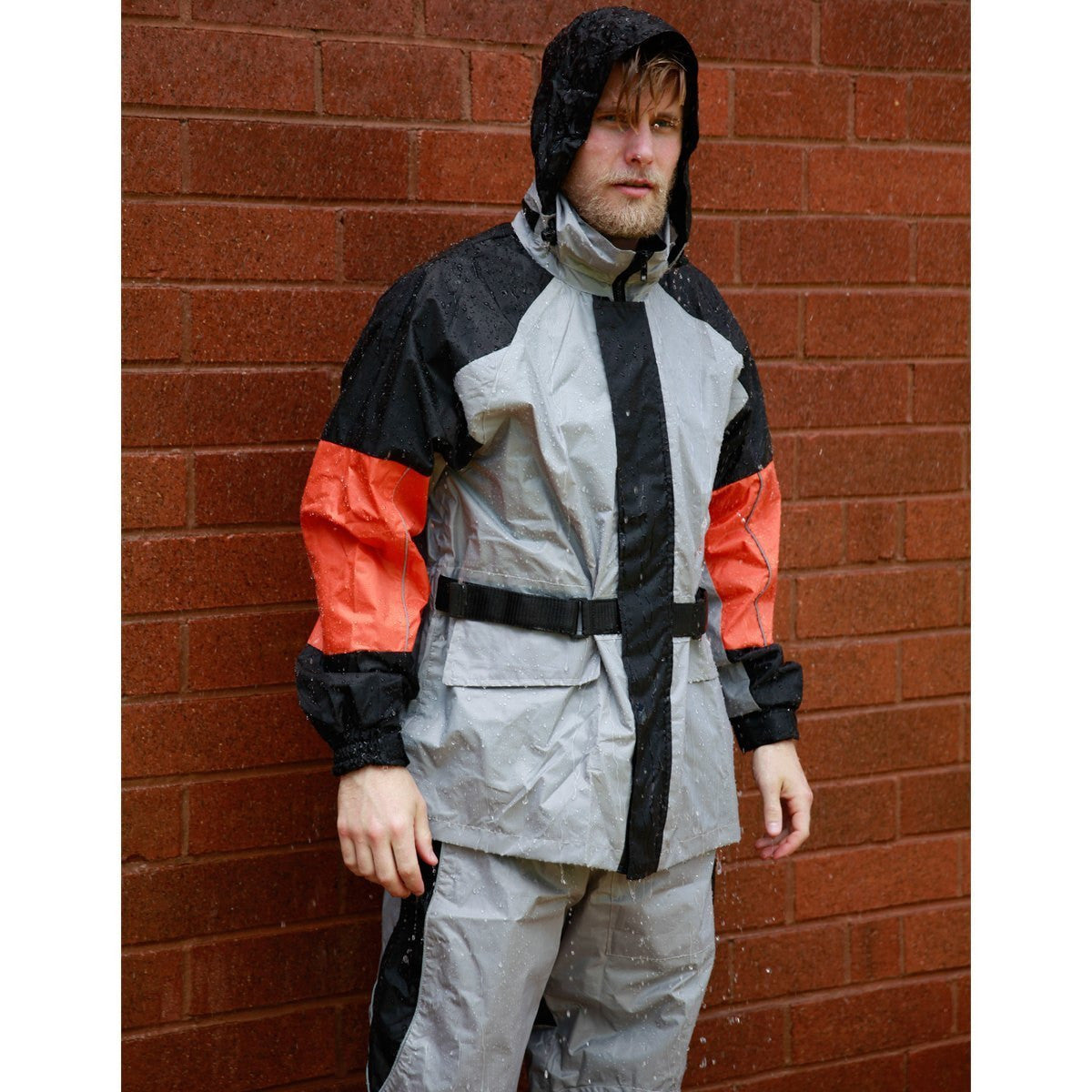 Vance Men's Two Piece Orange and Silver Reflective Piping Rainsuits Motorcycle Rain Gear