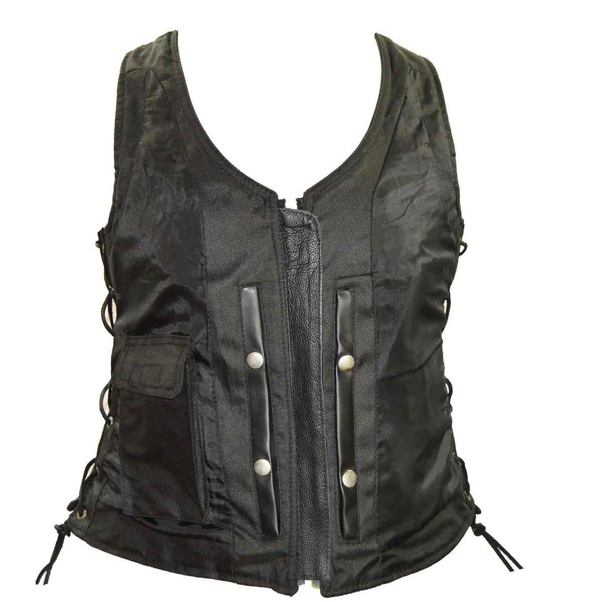 Vance Women's Black Lace Side Zipper Pocket Premium Cowhide Leather Biker Motorcycle Vest