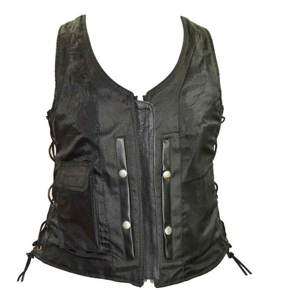 Vance Women's Black Lace Side Zipper Pocket Premium Cowhide Leather Biker Motorcycle Vest