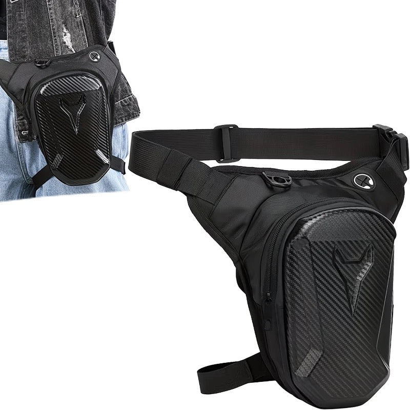 Black motorcycle leg bag worn on a thigh