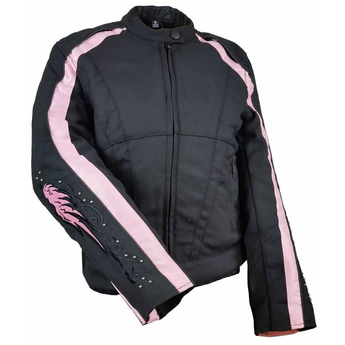 Vance Women's Embroidered Reflective Pink Wings Textile Lady Biker Motorcycle Riding Jacket