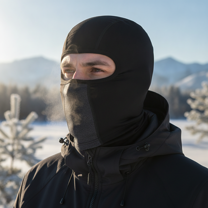 close up of a man wearing a black summer balaclava