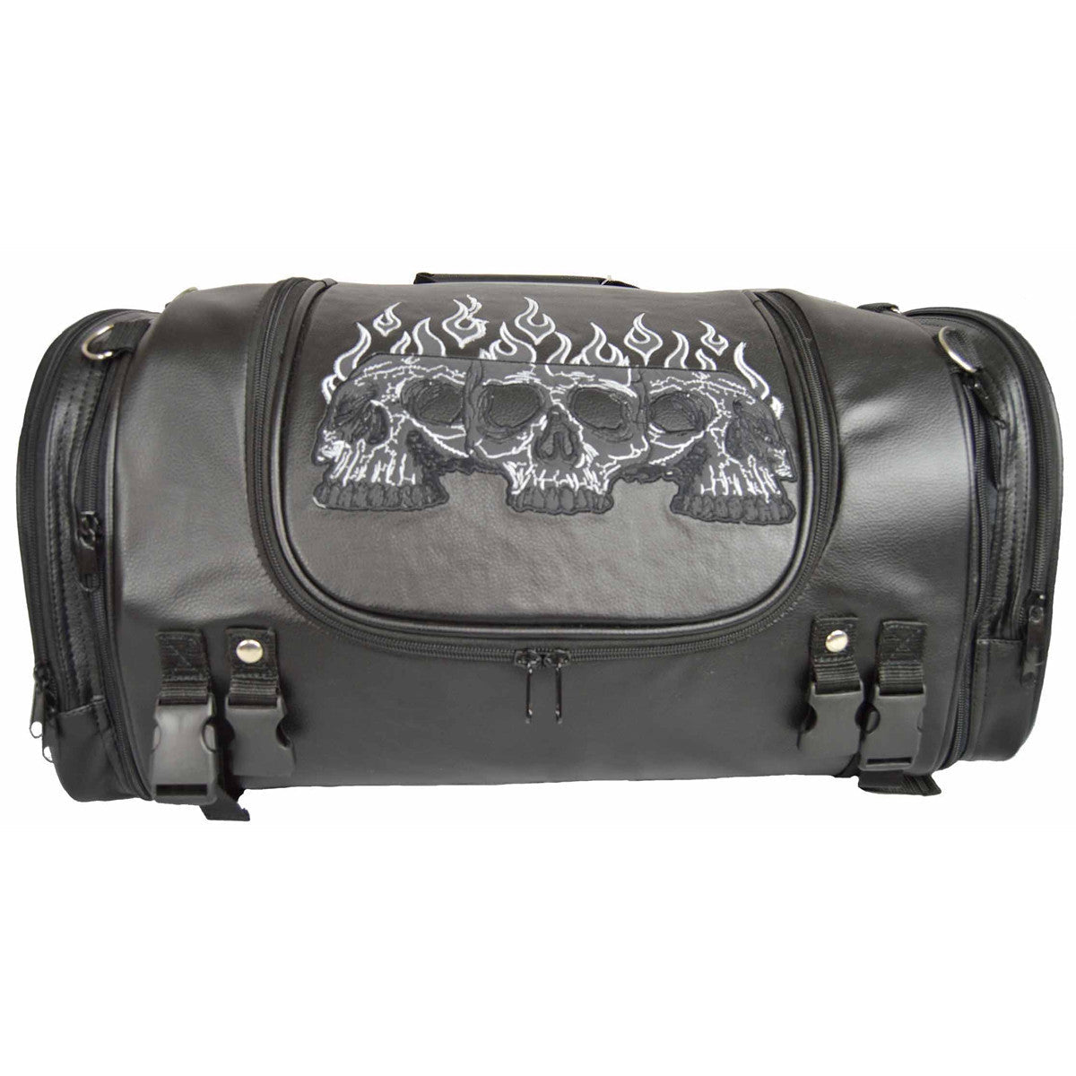 Vance Black Embroidered Reflective Skull Design Motorcycle Luggage Travel Sissy Bar Roll Trunk Bag