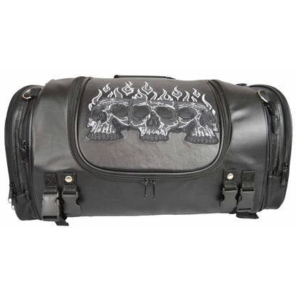 Vance Black Embroidered Reflective Skull Design Motorcycle Luggage Travel Sissy Bar Roll Trunk Bag