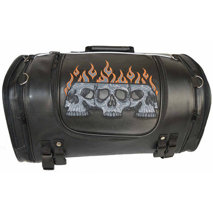Vance Black Embroidered Reflective Skull Design Motorcycle Luggage Travel Sissy Bar Roll Trunk Bag