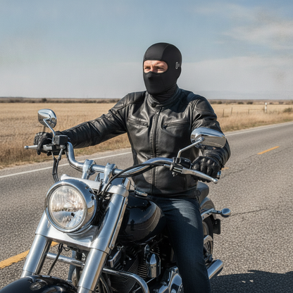 rider wearing a motorcycle balaclava on a cruiser