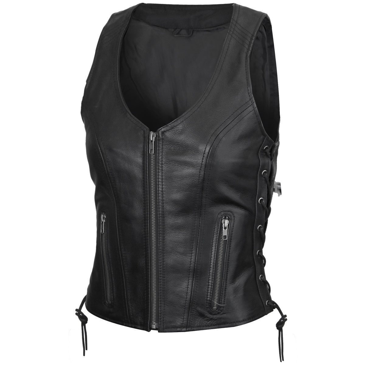 Vance Women's Black Lace Side Zipper Pocket Premium Cowhide Leather Biker Motorcycle Vest