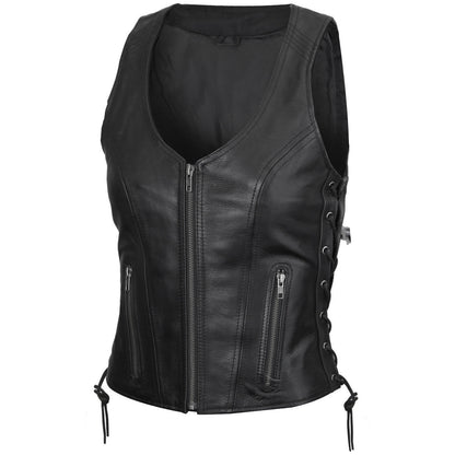 Vance Women's Black Lace Side Zipper Pocket Premium Cowhide Leather Biker Motorcycle Vest