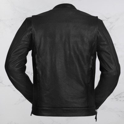 A durable First Manufacturing Raider Leather Jacket made from high-quality leather.