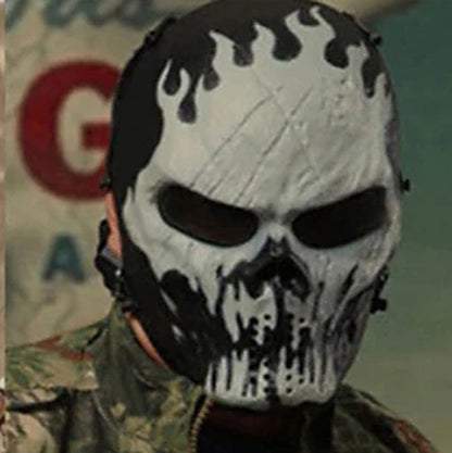 Ghost flame skull mask worn in the field