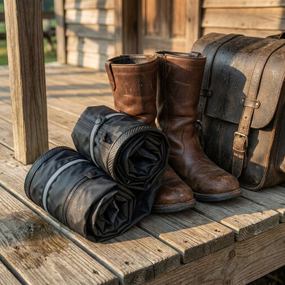 Waterproof boot covers rolled up next to riding boots