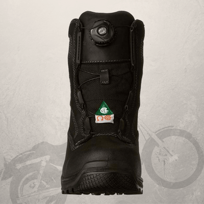 The Boa Work Boots Terra Rexton BOA® Best for Motorcycle & Work is a black motorcycle boot with safety features and a green tag on it.