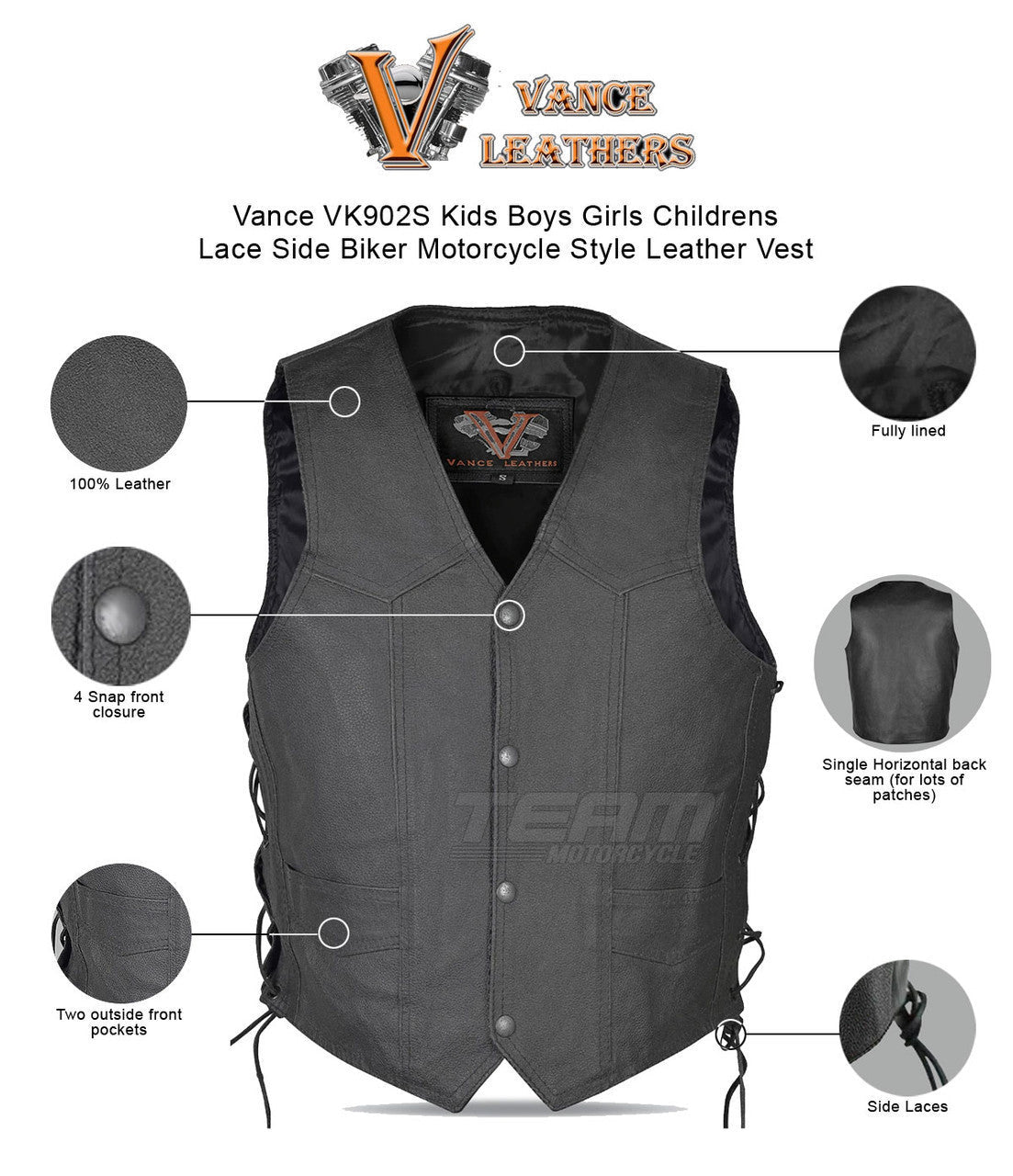 Vance Kids Boys Girls Childrens Lace Side Biker Motorcycle Style Leather Vest