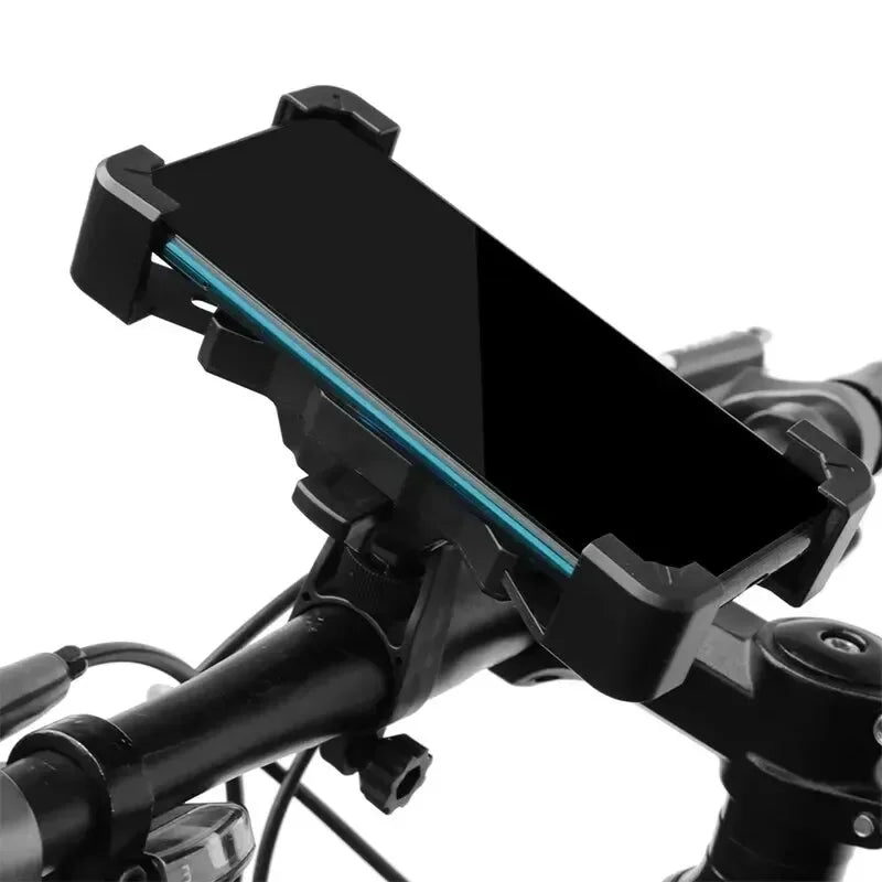 Motorcycle phone mount holding a phone on a handlebar