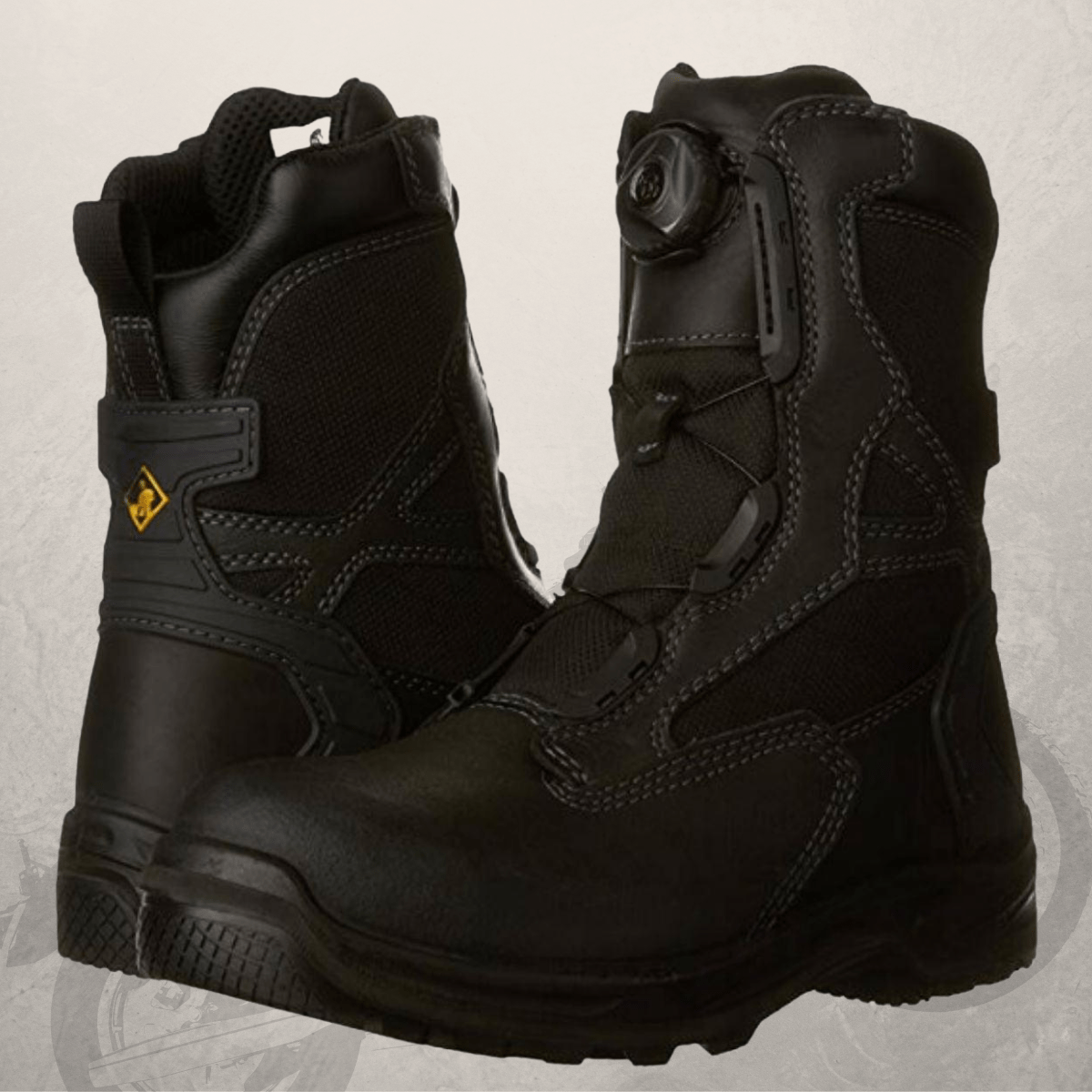 A pair of Boa Work Boots Terra Rexton BOA® Best for Motorcycle & Work showcasing their safety features on a white background.