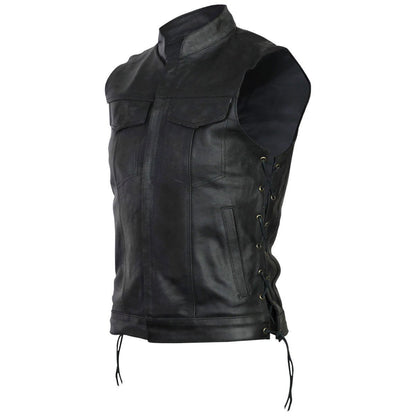 Vance Mens Black SOA Club Style Leather Motorcycle Vest With Side Laces