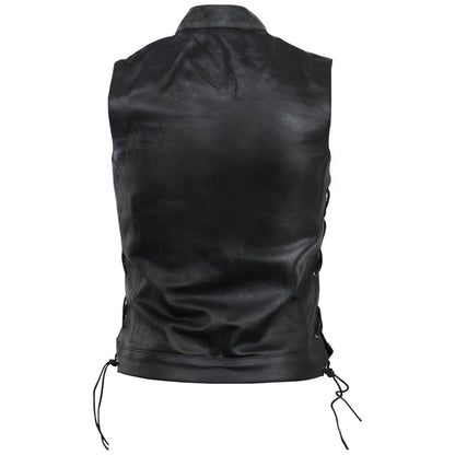 Vance Mens Black SOA Club Style Leather Motorcycle Vest With Side Laces
