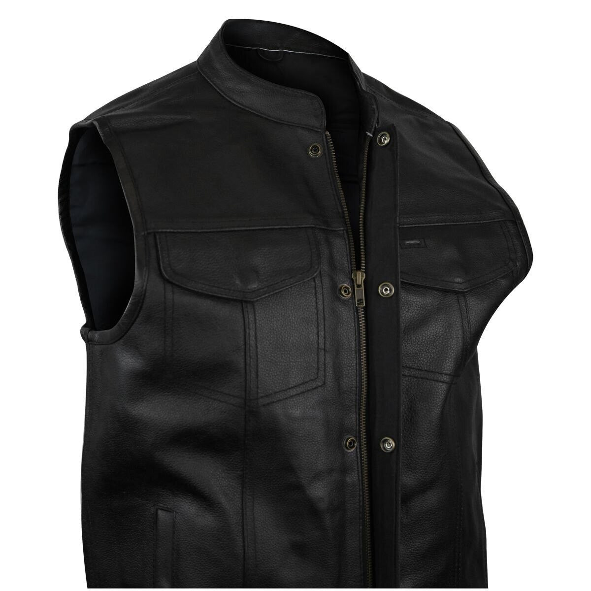 Vance Mens Black SOA Club Style Leather Motorcycle Vest With Side Laces
