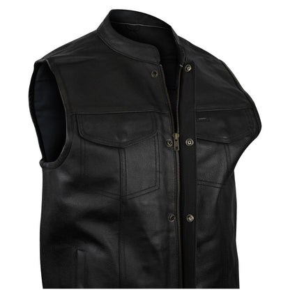Vance Mens Black SOA Club Style Leather Motorcycle Vest With Side Laces