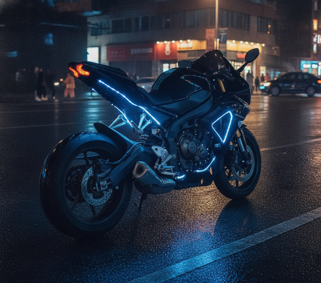 motorcycle LED strip lights glowing blue at night