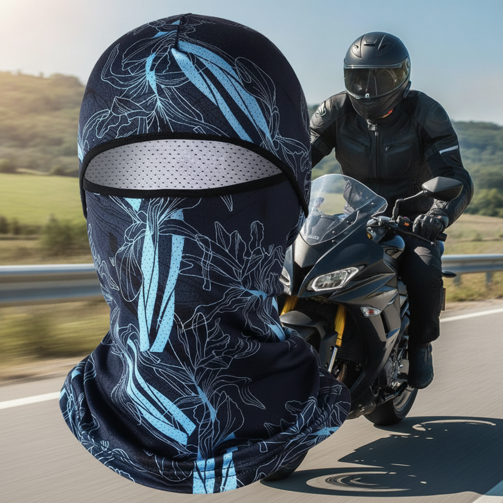 man riding a motorcycle wearing an ice silk balaclava