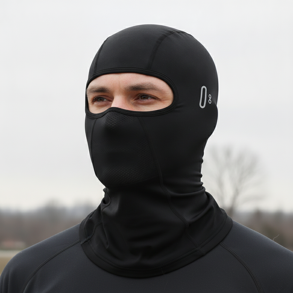 man wearing a black motorcycle balaclava outdoors
