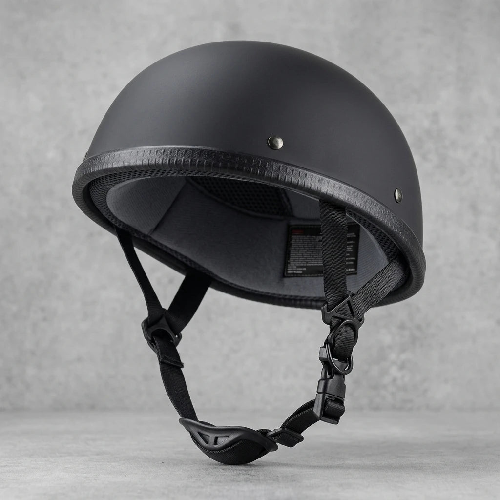 Matte black DOT approved low profile half face motorcycle helmet with quick release chin strap