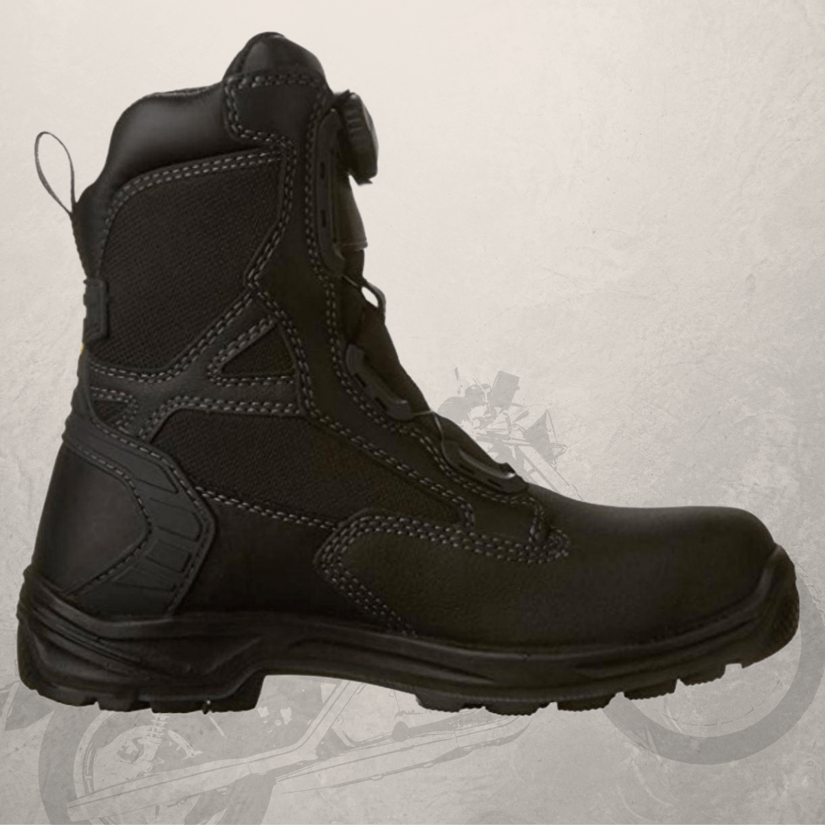 A Boa Work Boots Terra Rexton BOA® Best for Motorcycle & Work with safety features on a grey background.