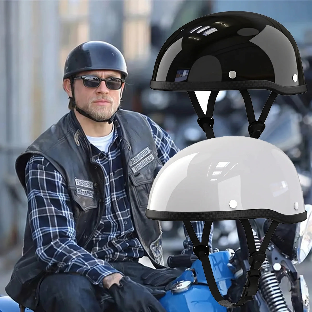 Retro DOT approved low profile beanie half helmet in gloss black and white