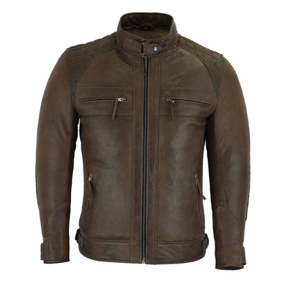 Mens Cafe Racer Waxed Lambskin Chocolate Brown Motorcycle Leather Jacket