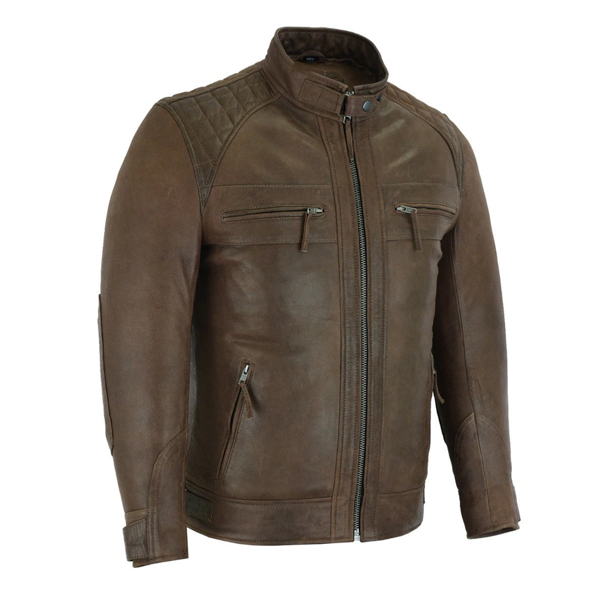 Mens Cafe Racer Waxed Lambskin Chocolate Brown Motorcycle Leather Jacket