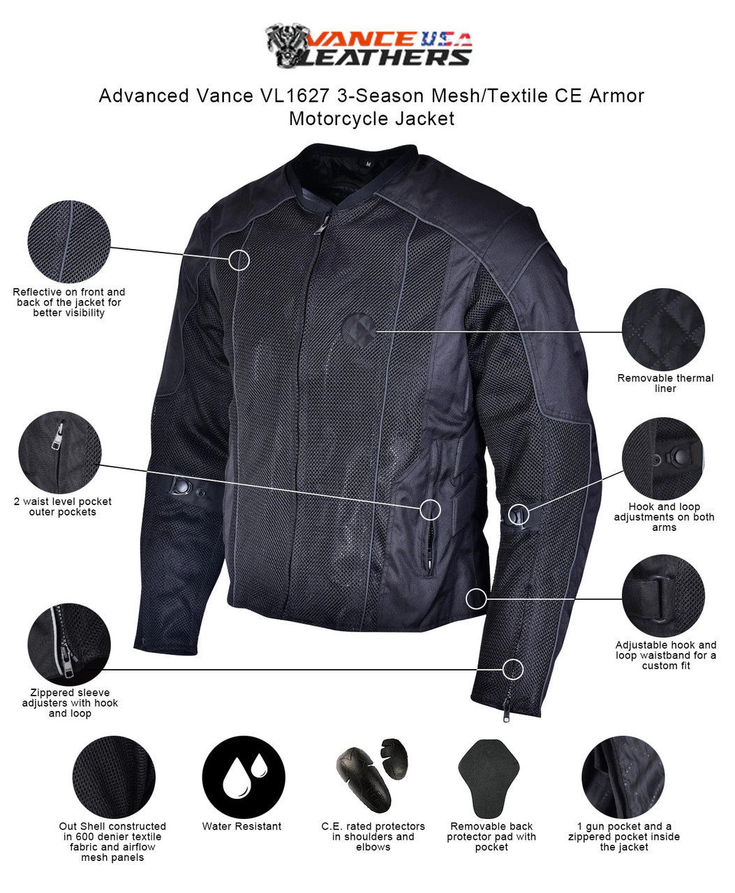 Vance Men's 3-Season Mesh/Textile CE Armor Motorcycle Jacket