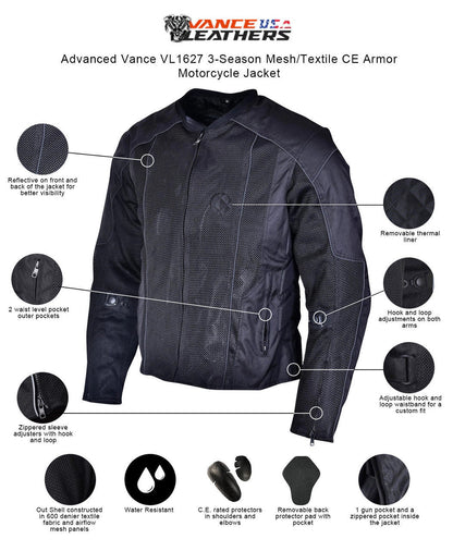 Vance Men's 3-Season Mesh/Textile CE Armor Motorcycle Jacket