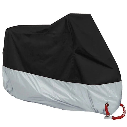 Waterproof motorcycle cover on a parked cruiser