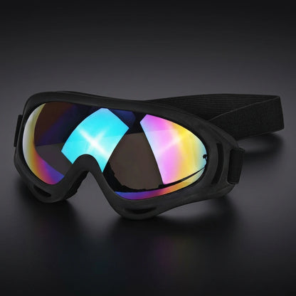 Windproof motorcycle goggles with anti fog lenses worn by a biker
