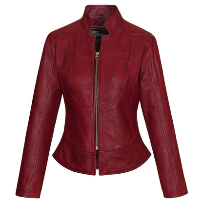 Vance Leathers 'Maya' Ladies Premium Soft Lightweight Burgundy Fitted Motorcycle Leather Jacket