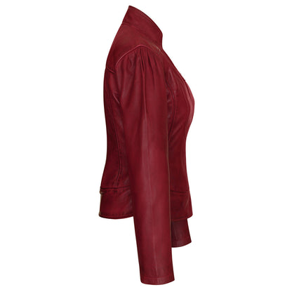 Vance Leathers 'Maya' Ladies Premium Soft Lightweight Burgundy Fitted Motorcycle Leather Jacket