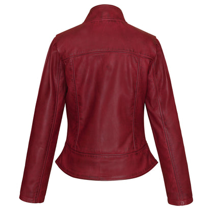 Vance Leathers 'Maya' Ladies Premium Soft Lightweight Burgundy Fitted Motorcycle Leather Jacket