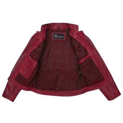 Vance Leathers 'Maya' Ladies Premium Soft Lightweight Burgundy Fitted Motorcycle Leather Jacket