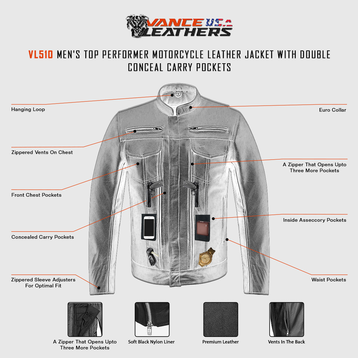 Mens Top Performer Motorcycle Leather Jacket with Double Conceal Carry Pockets