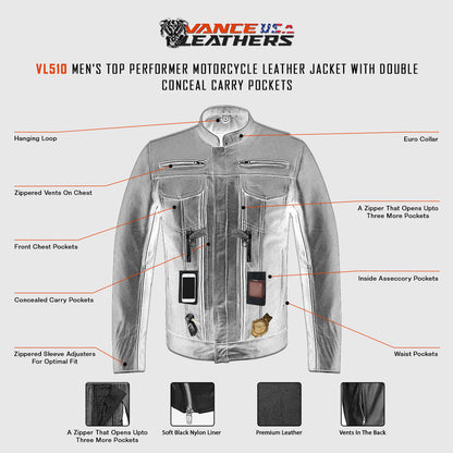 Mens Top Performer Motorcycle Leather Jacket with Double Conceal Carry Pockets