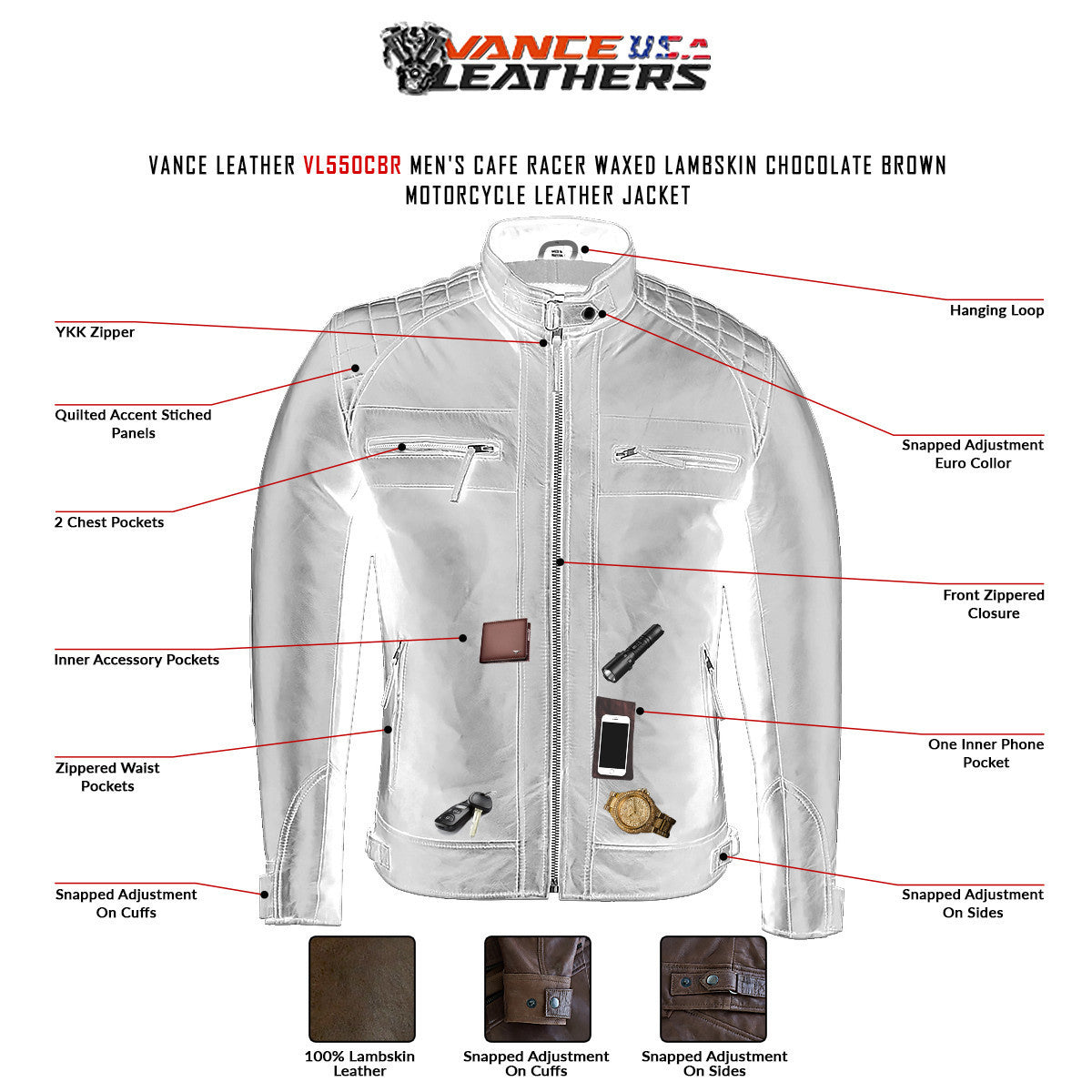 Mens Cafe Racer Waxed Lambskin Chocolate Brown Motorcycle Leather Jacket