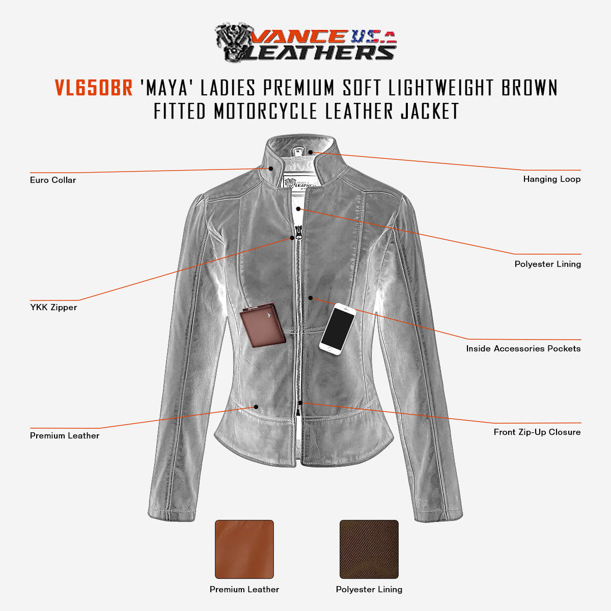 Vance Leathers 'Maya' Ladies Premium Soft Lightweight Brown Fitted Motorcycle Leather Jacket