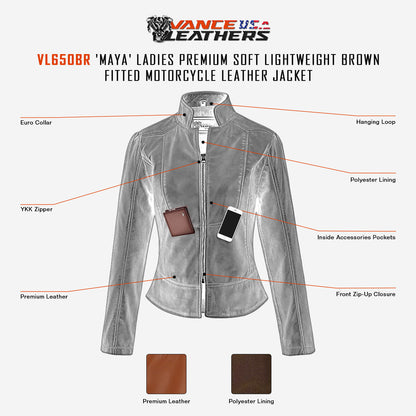 Vance Leathers 'Maya' Ladies Premium Soft Lightweight Brown Fitted Motorcycle Leather Jacket