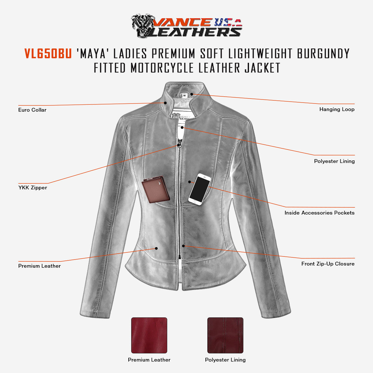 Vance Leathers 'Maya' Ladies Premium Soft Lightweight Burgundy Fitted Motorcycle Leather Jacket