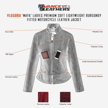 Vance Leathers 'Maya' Ladies Premium Soft Lightweight Burgundy Fitted Motorcycle Leather Jacket